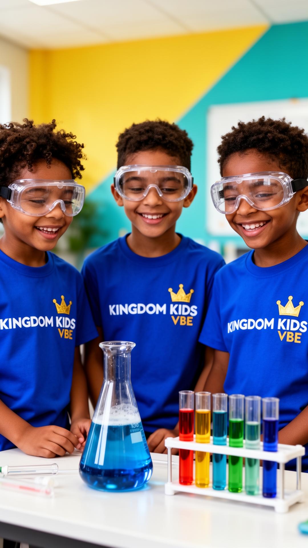 Diverse kids in royal blue camp shirts doing a colorful indoor STEAM experiment